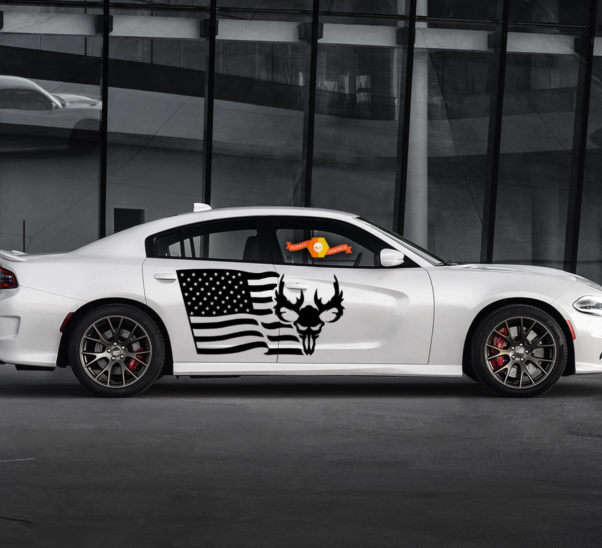 2 Side Dodge Charger USA Flag Skull Door Side Vinyl Decals Graphics Sticker