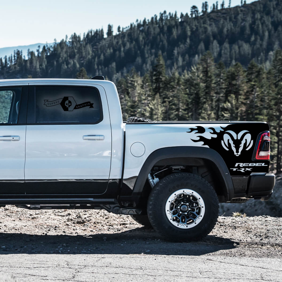 Pair Dodge Ram Rebel TRX 2021+ Splash Grunge Ram Head Logo Truck Vinyl Sticker Decal bed Graphic