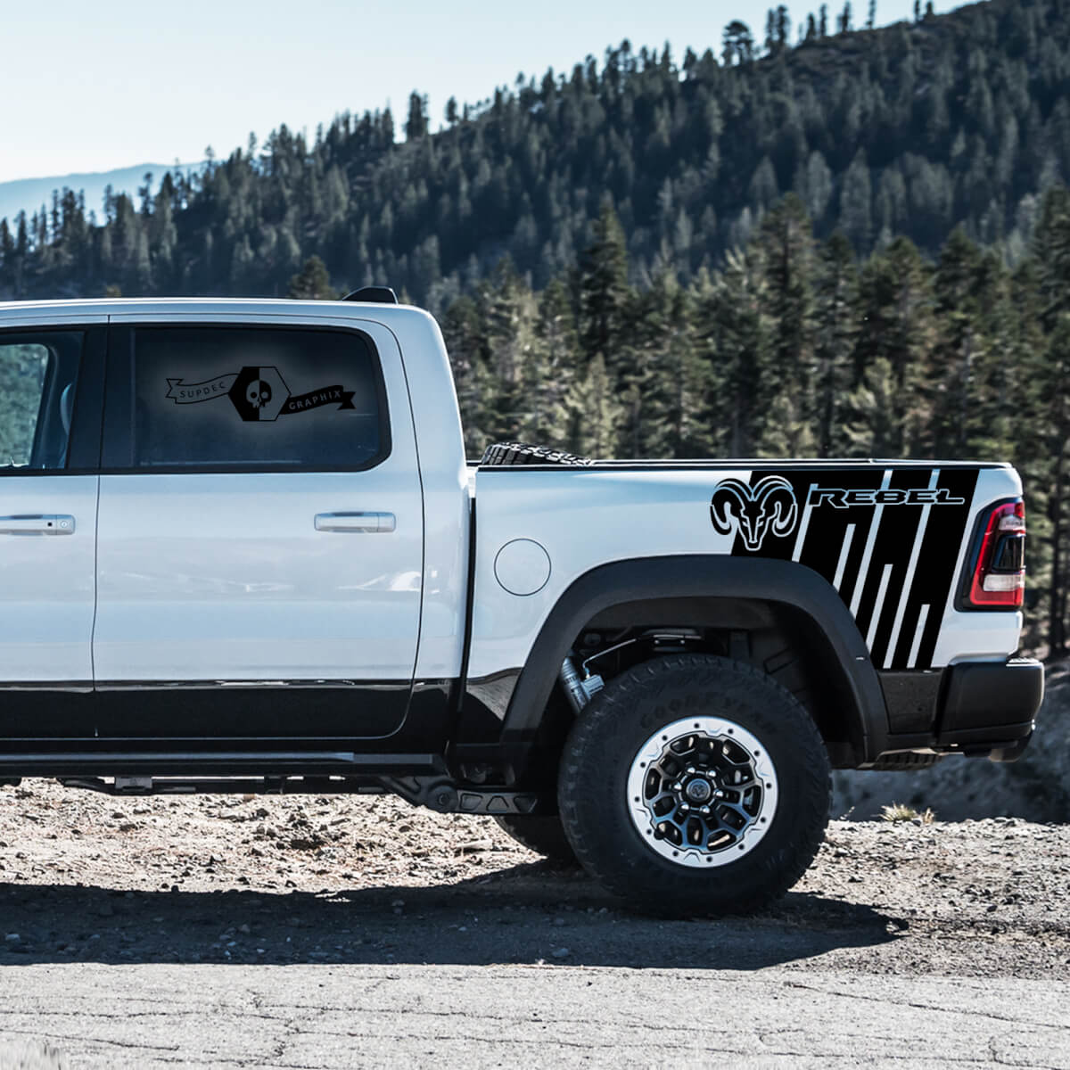 Pair Dodge Ram Rebel 2021+ Splash Grunge Ram Head Logo Truck Vinyl Sticker Decal bed Graphic