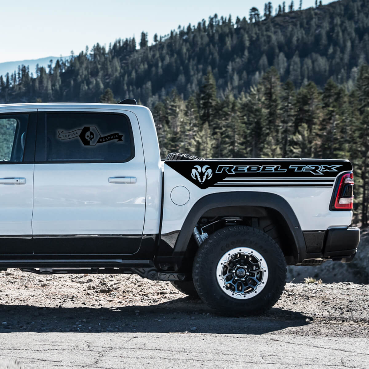 Pair Dodge Ram Rebel 2021+  bed side stripe Grunge Ram Head Logo Truck Vinyl Sticker Decal bed Graphic