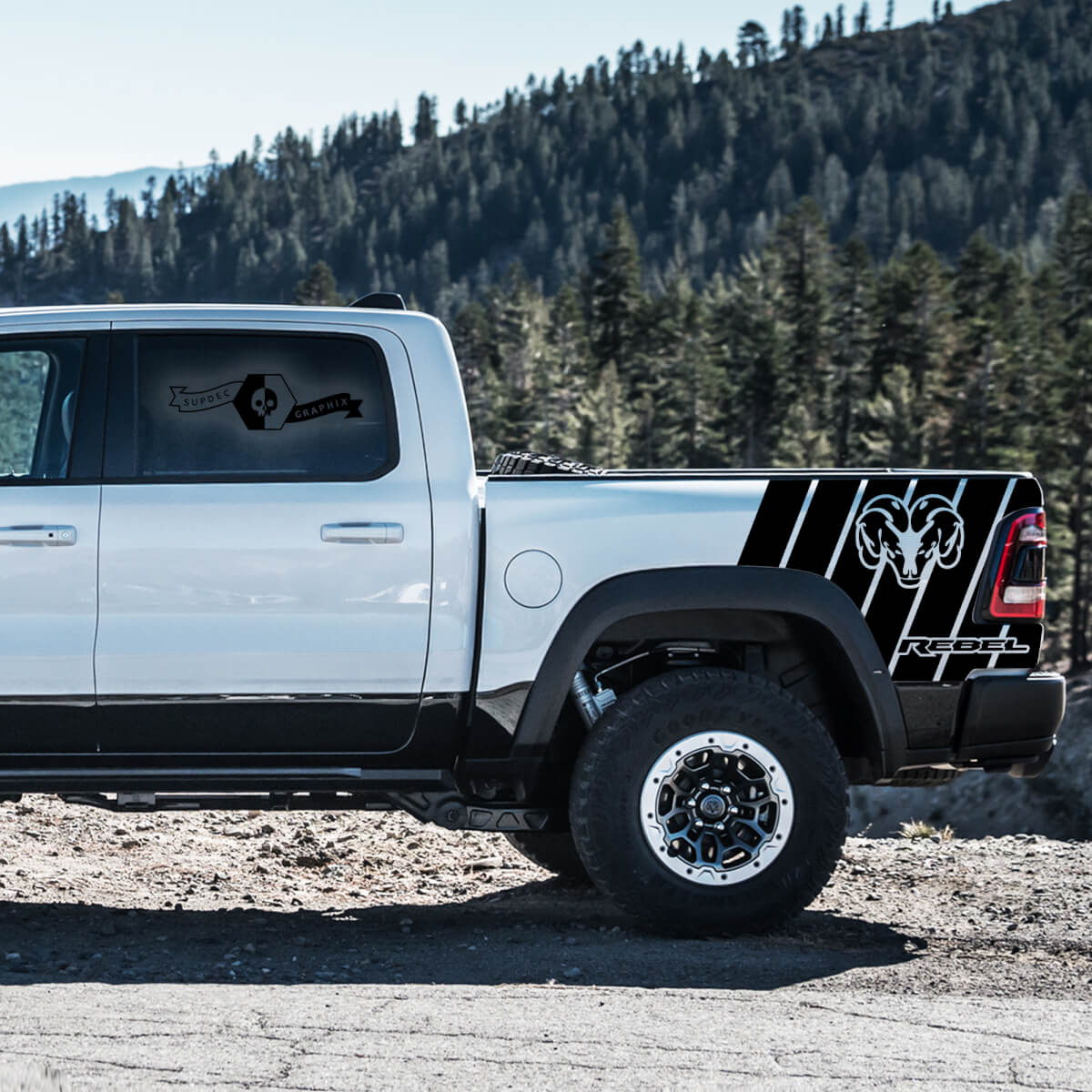 Pair Dodge Ram Head Rebel TRX 2021+ Splash Grunge Ram Head Logo Truck Vinyl Sticker Decal bed Graphic