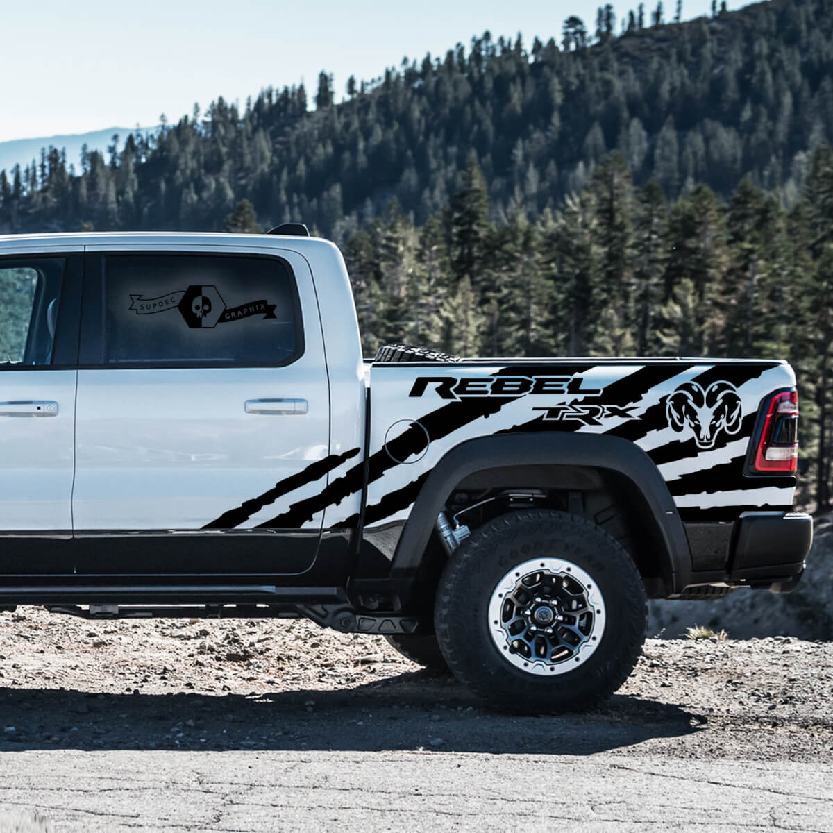 Pair Dodge Ram Head Rebel TRX 2021+ Large Splash Grunge Ram Head Logo Truck Vinyl Sticker Decal bed Graphic