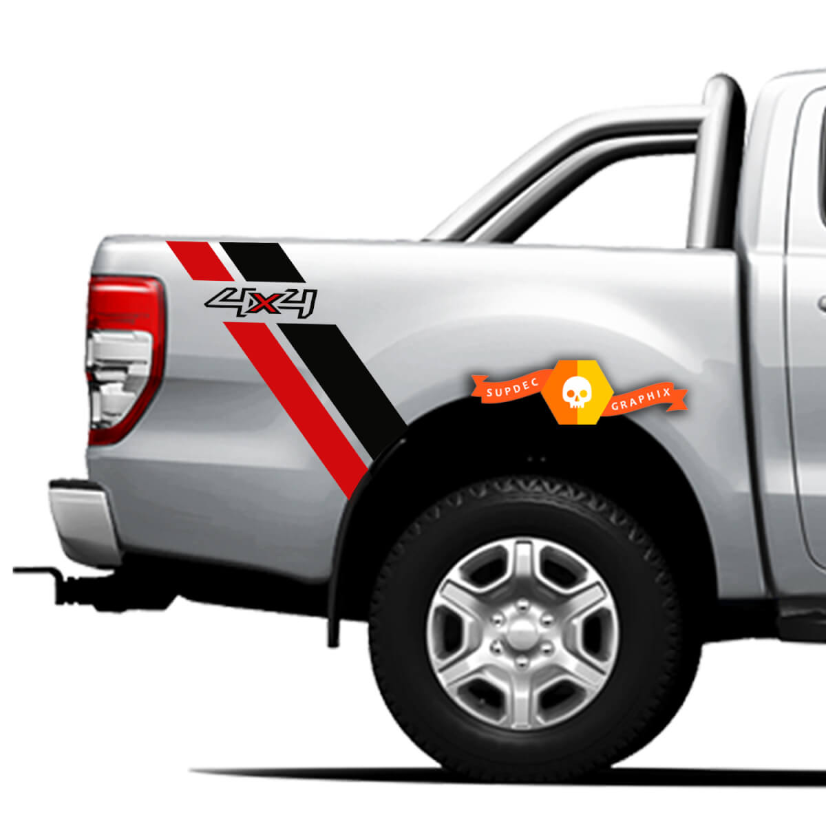 Pair Vinyl Decals Stickers Side bed bands 4x4 graphic for Ford Ranger Off Road, Red-Black Lines 2021 