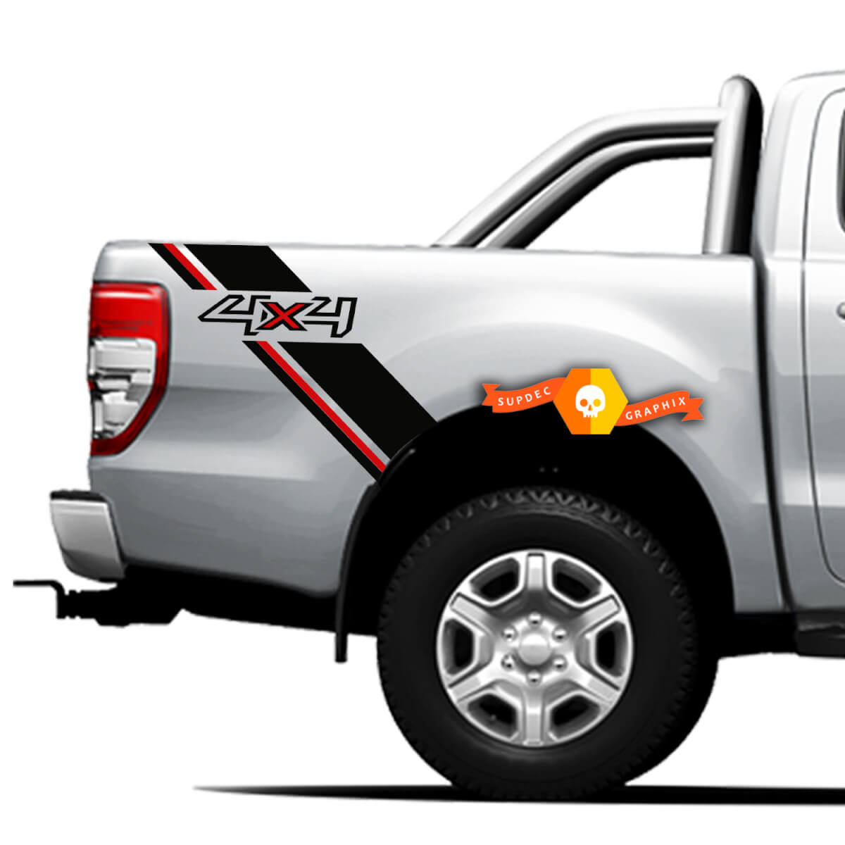 Pair Vinyl Decals Stickers Side bed bands 4x4 graphic for Ford Ranger Off Road, Red-Black Lines New
