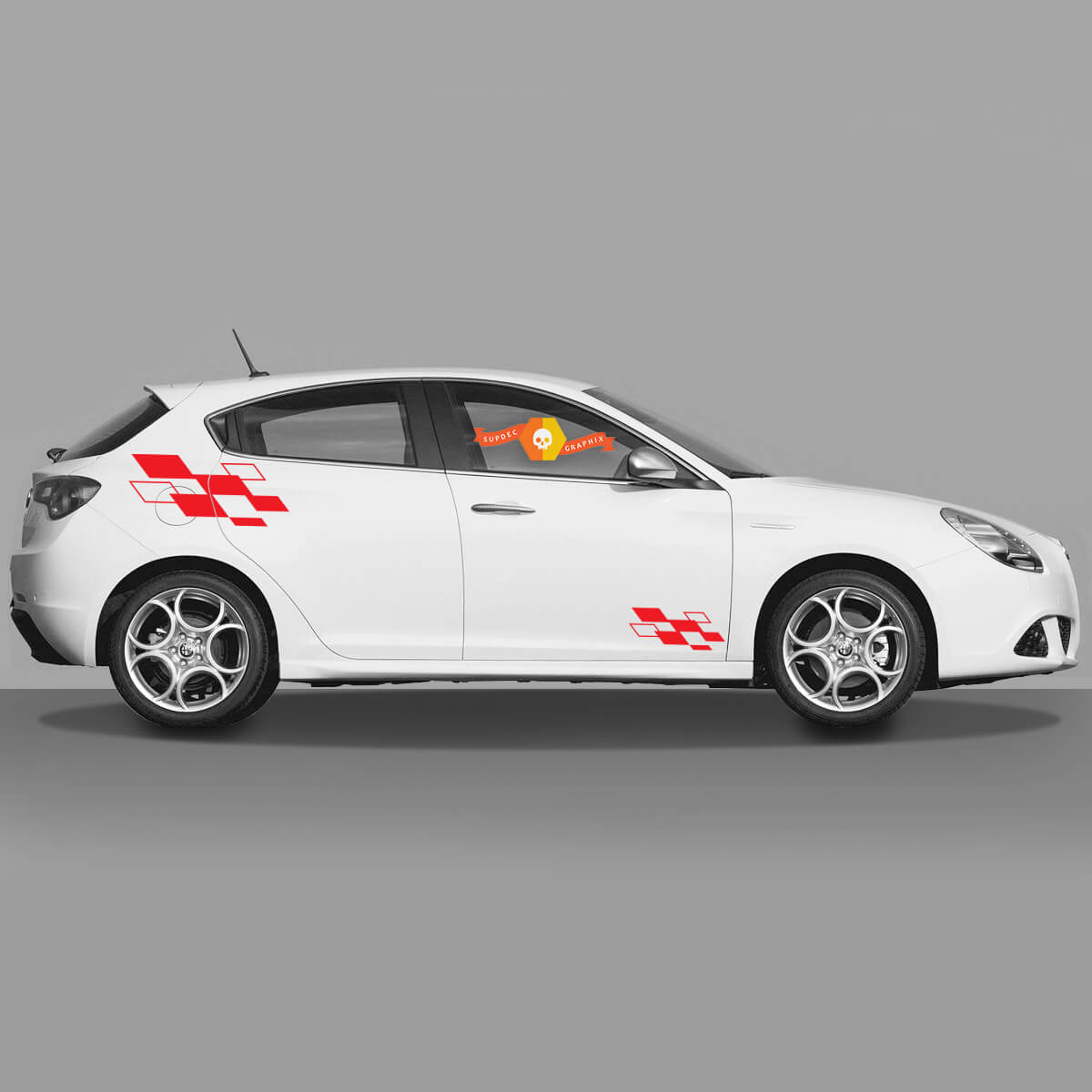 Pair Vinyl Decals Stickers Alfa checkered flag Romeo Red diamonds on the edges 2022