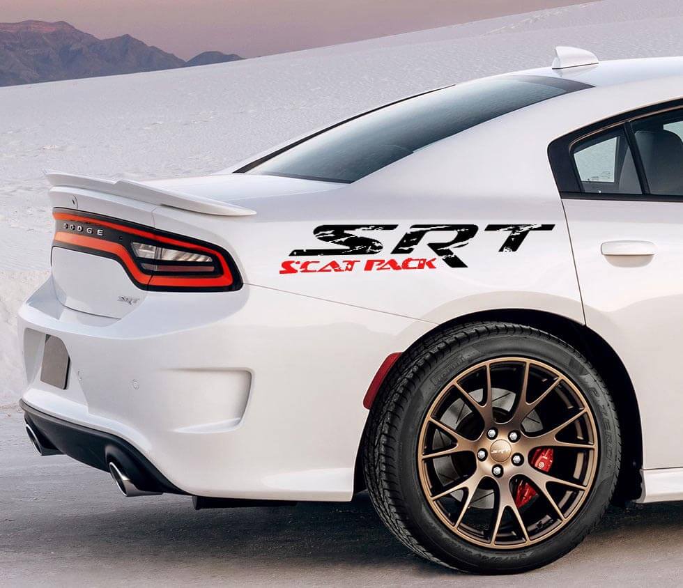 2x SRT SCAT PACK in Grunge Distressed style Side Splash Vinyl Sticker Decal for Dodge Charger Challenger Scatpack 2 Colors