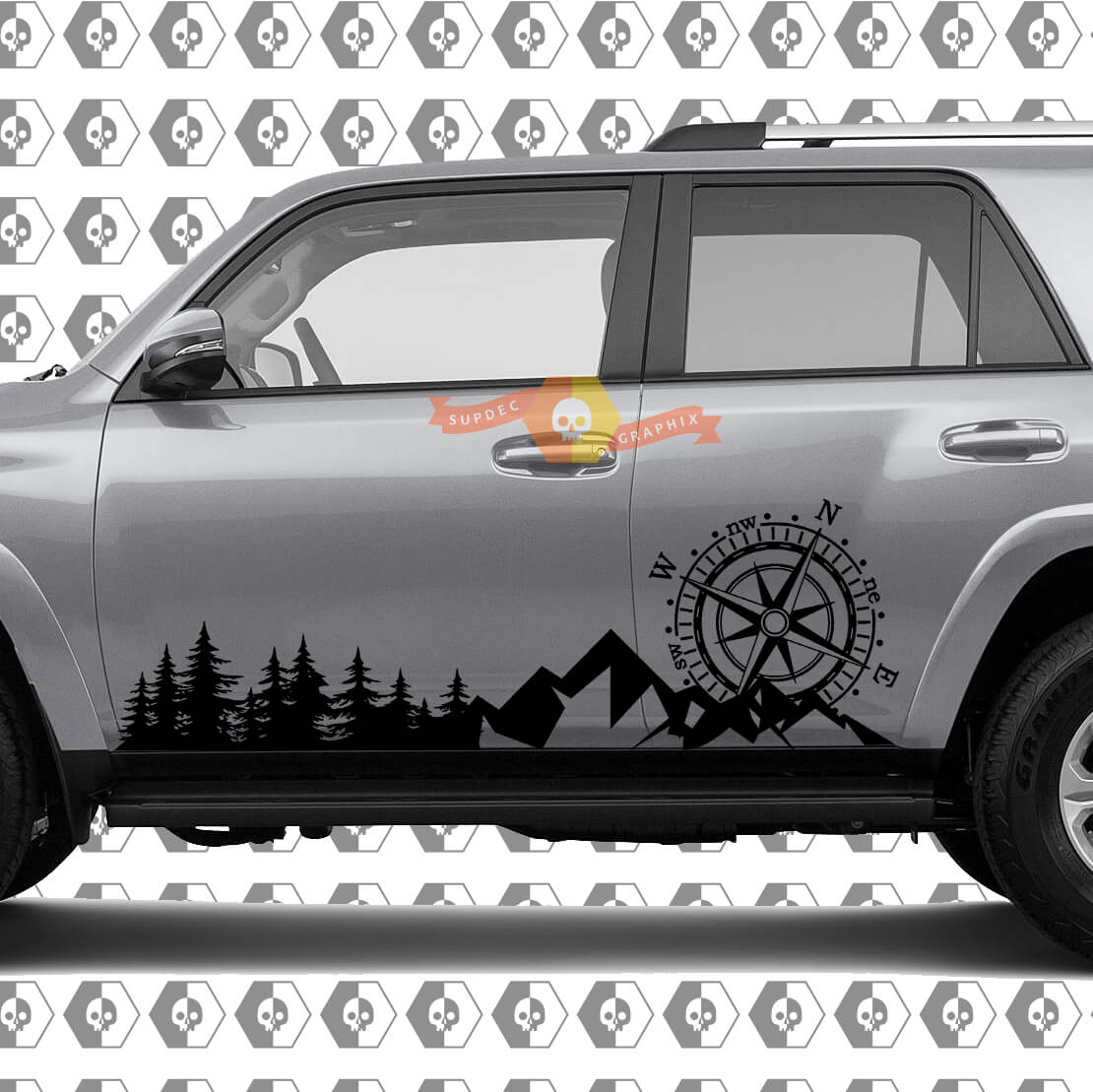 Side Trees Mountains and Huge Compass Side Vinyl Sticker Decal fit to Toyota 4Runner 13-22 TRD Fifth generation