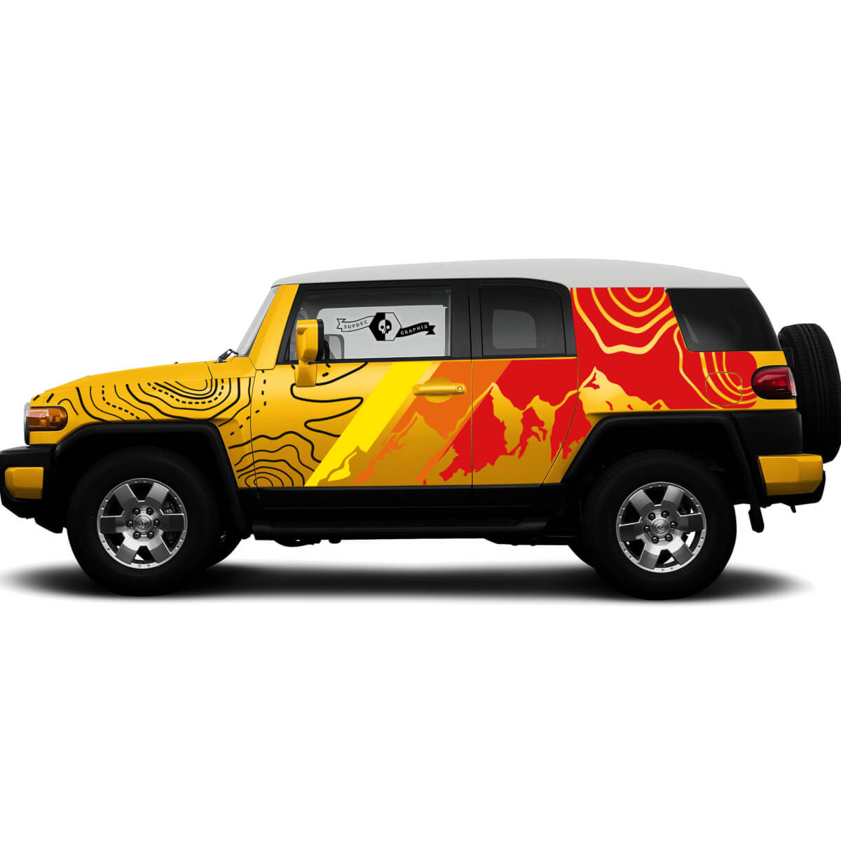 New Pair Toyota FJ Cruiser Side Doors Vintage Sunset Colors Style Cut Mountains Contour Map Stripe Sticker Decal Truck Wrap 