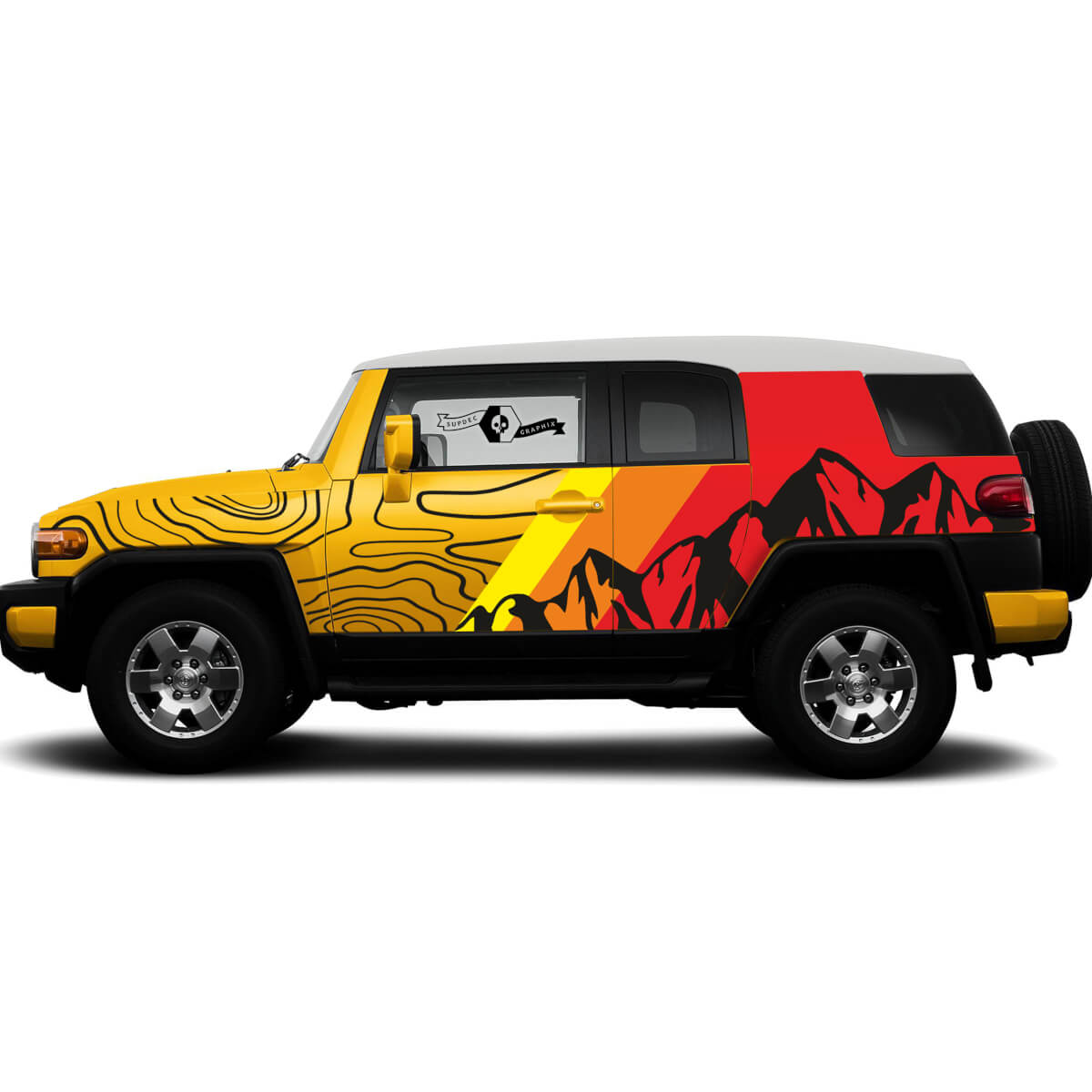 New Pair Toyota FJ Cruiser Side Doors Vintage Sunset Colors Style Big Mountains Contour Map Stripe Sticker Decal Truck Wrap 