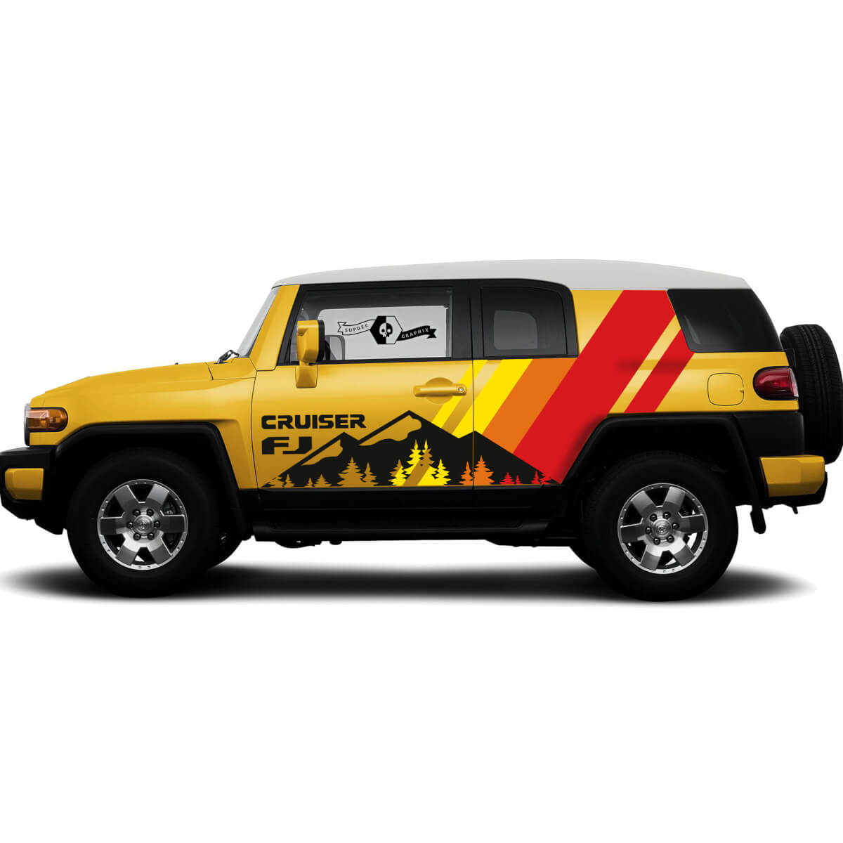 New Pair Toyota FJ Cruiser Side Doors Vintage Sunset Colors Style Mountains Forest Stripe Sticker Decal SUV Wrap 