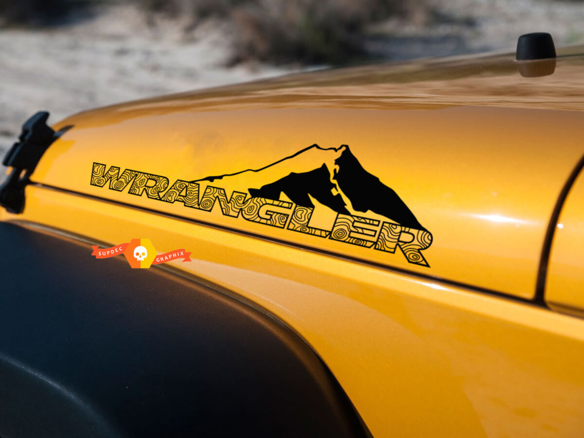 2 New JEEP Wrangler Hood Mountains Topographic Map side Invert Graphics Decal Sticker