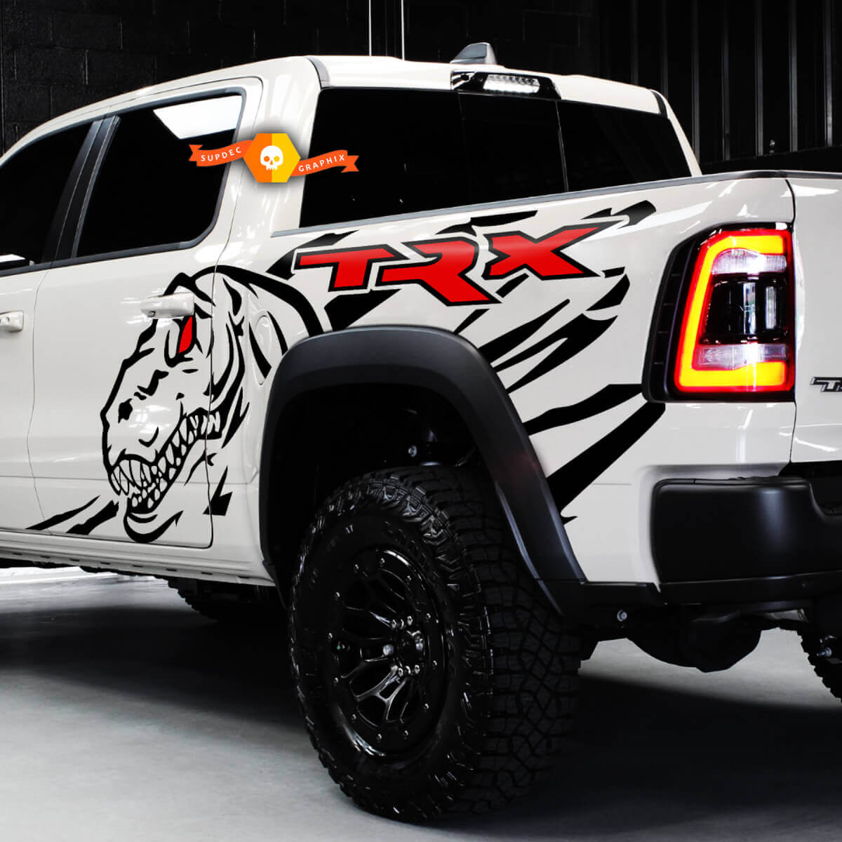 Pair Dodge Ram Rebel TRX 2022+ 2023+ 2 Colors Side 1500 TRX Splash Bed Dinosaurs T-Rex TRX Truck Vinyl Sticker Decal Graphic