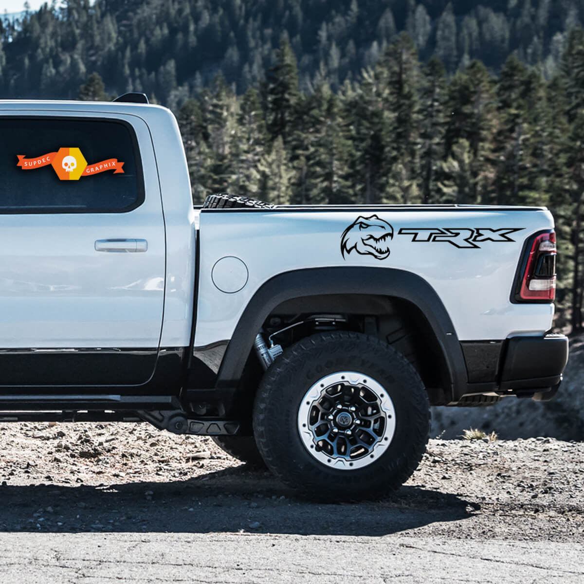 2x Dodge Ram Rebel 2022+   2023+ 1500 TRX Big Bed Dinosaurs T-Rex TRX Truck Vinyl Sticker Decal Graphic