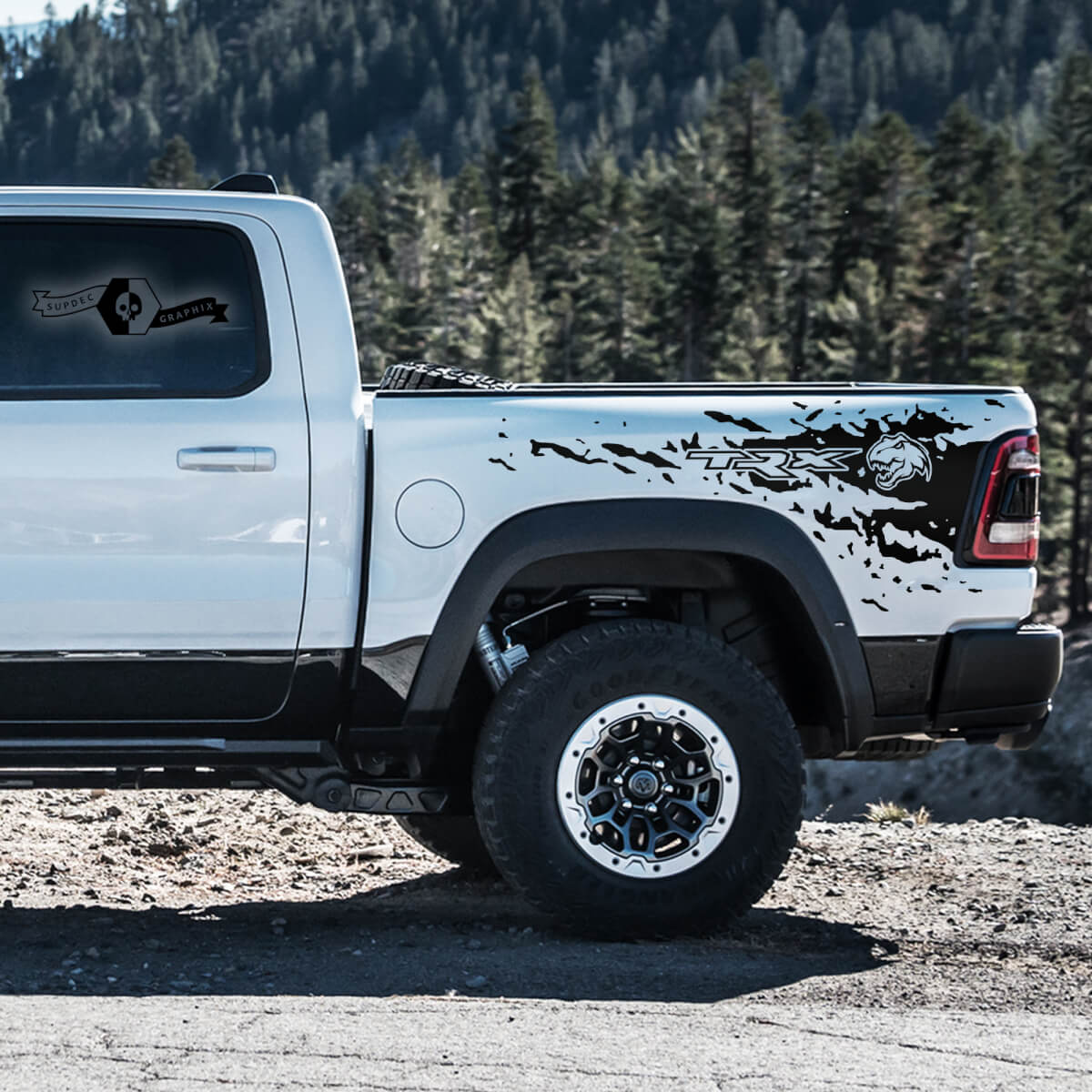 Pair Dodge Ram Rebel 2021+ Splash Grunge Rebel T-Rex Truck Vinyl Sticker Decal bed Graphic