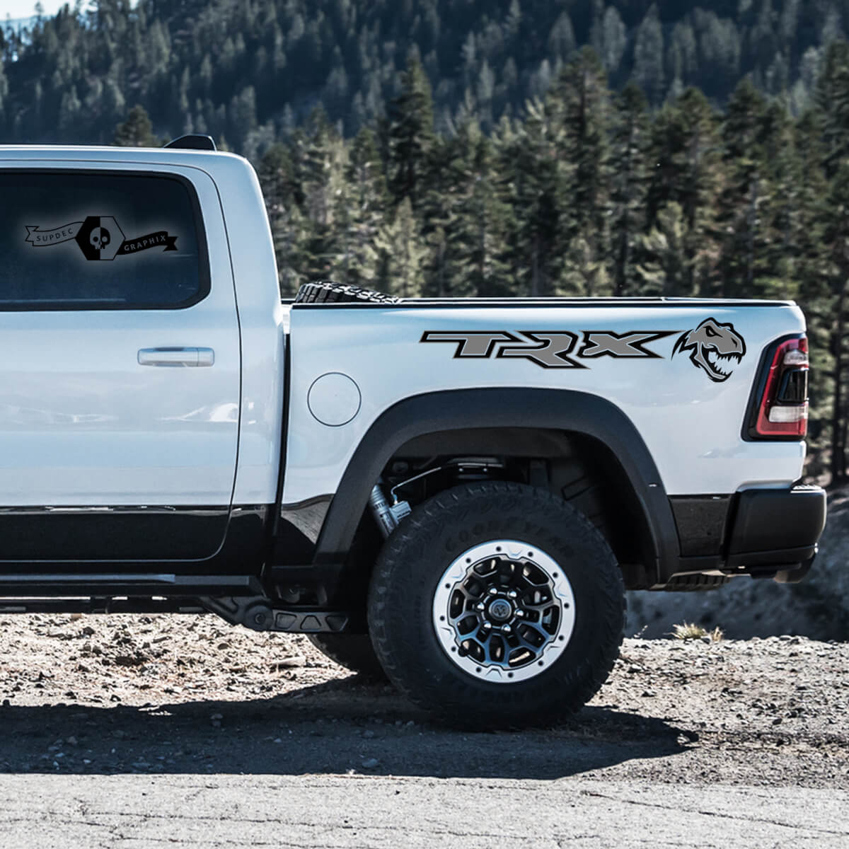 Pair Dodge Ram Rebel 2022+   2023+ 1500 2 Colors TRX Bed Dinosaurs T-Rex TRX Truck Vinyl Sticker Decal Graphic