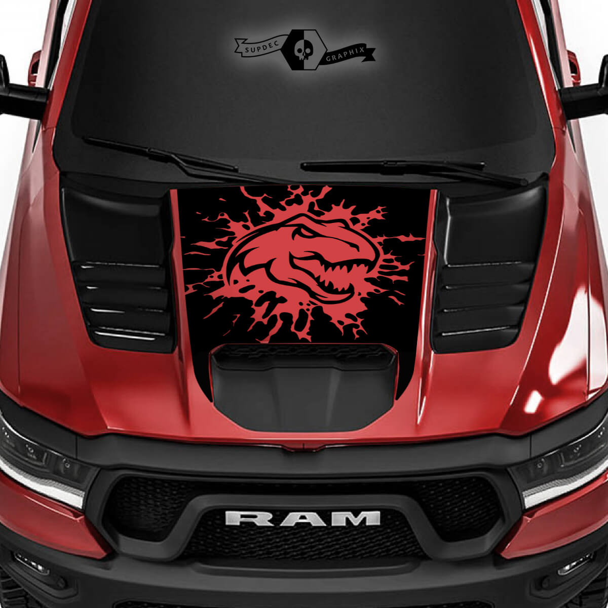 Dodge Ram Rebel 2022+   2023+ 1500 TRX T-Rex Hood Destroyed TRX Truck Vinyl Sticker Decal Graphic