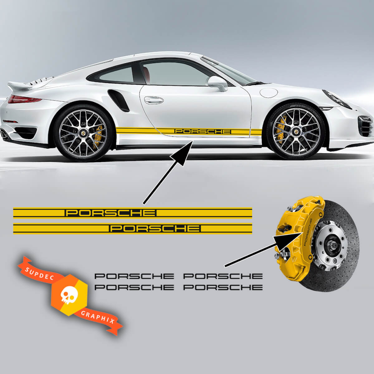 Pair Porsche 911 996 Carrera turbo 2 Colors Side Stripes Decals + 4 brake calipers Decals Vinyl Stickers Decals
