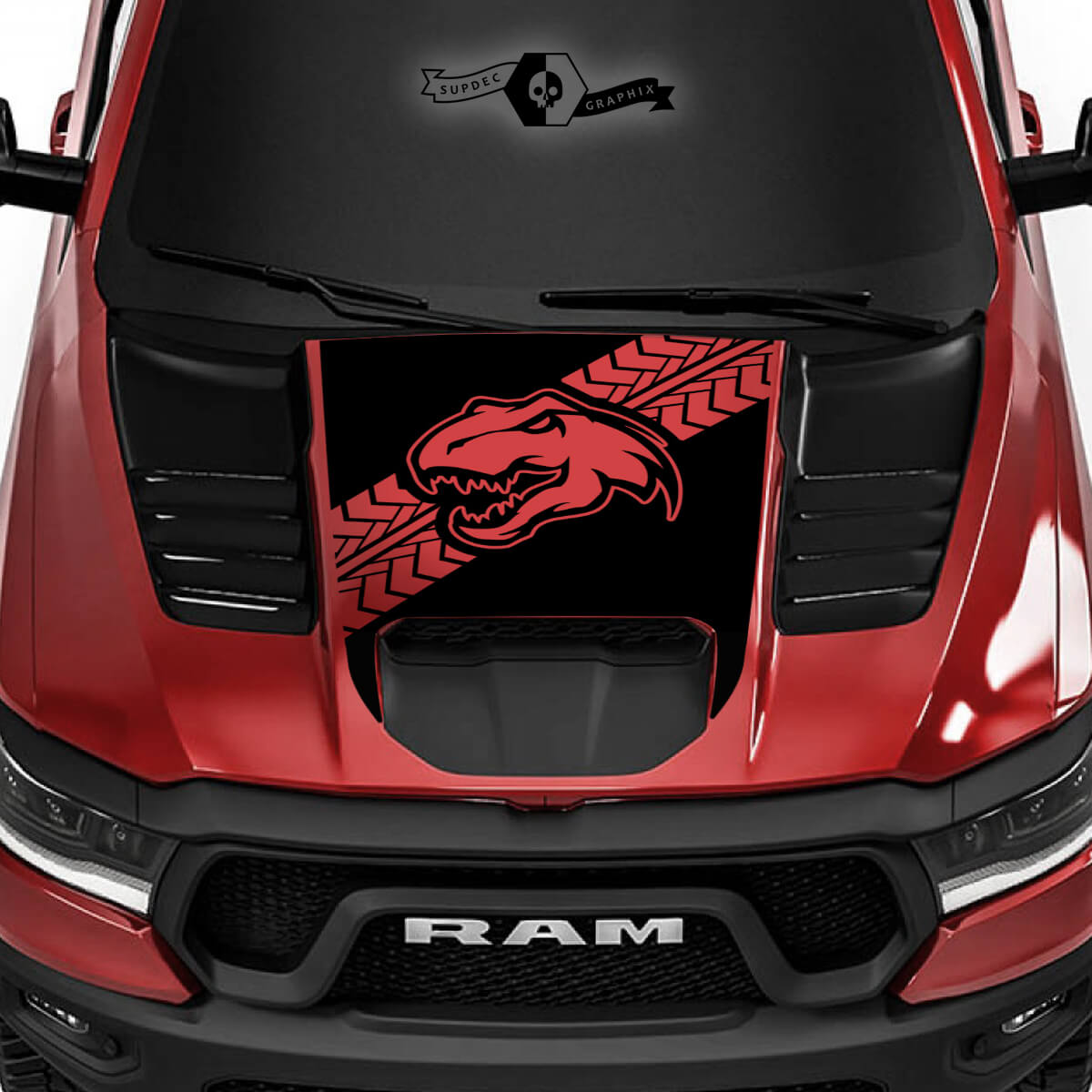 Dodge Ram Rebel 2022+  2023+ 1500 TRX Hood Dinosaurs Tire Track T-Rex TRX Truck Vinyl Sticker Decal Graphic