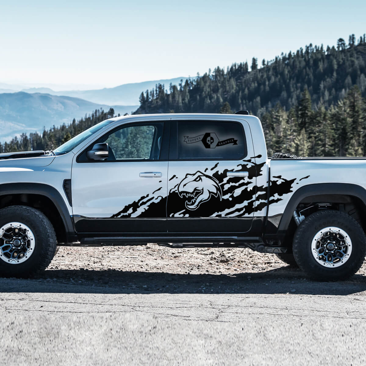 2x Dodge Ram Rebel 2022+  2023+ 1500 TRX Bed Splash Mud Dinosaurs T-Rex Side Doors TRX Truck Vinyl Sticker Decal Graphic
