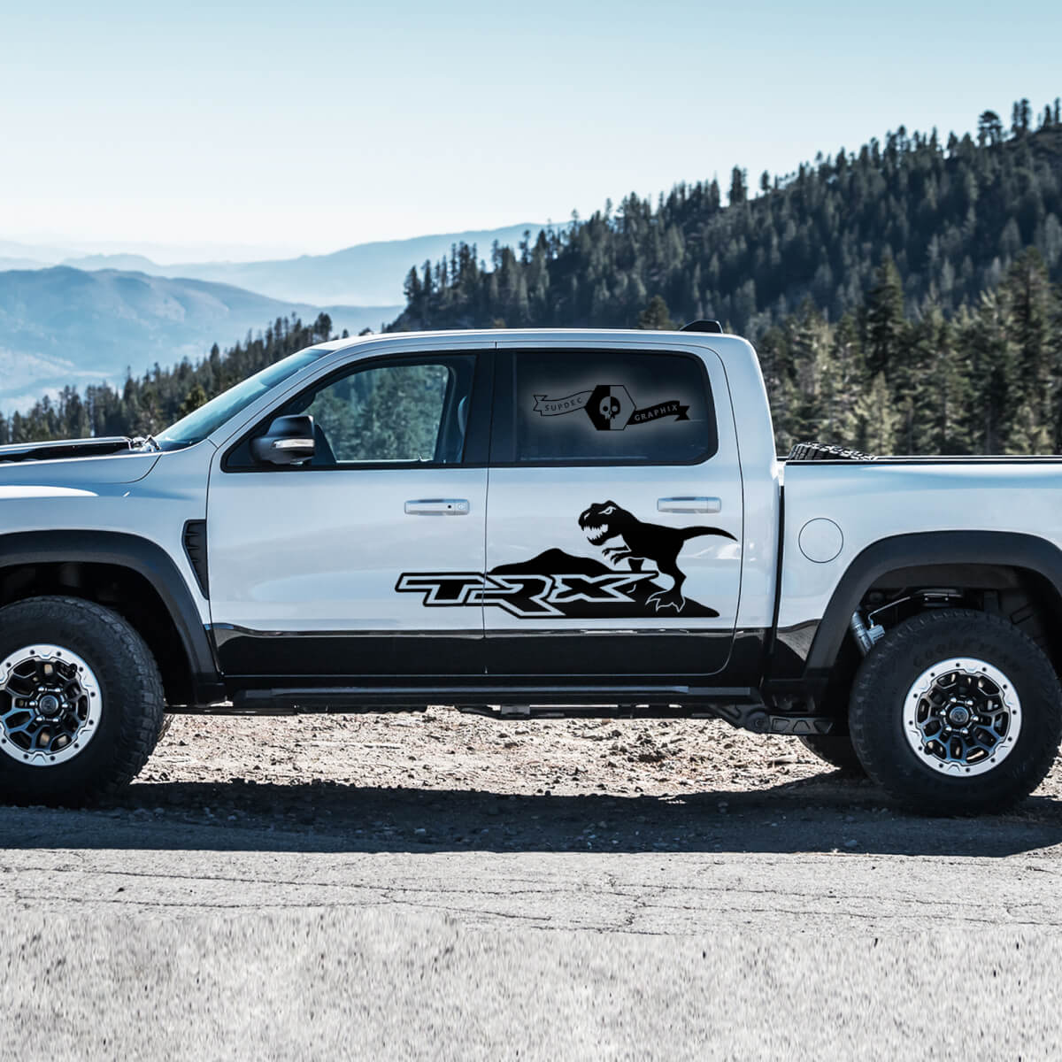 2x TRX Dinosaurs T-Rex Mountains Side Doors Truck Graphics Vinyl Decal Sticker for Dodge Ram Rebel 1500