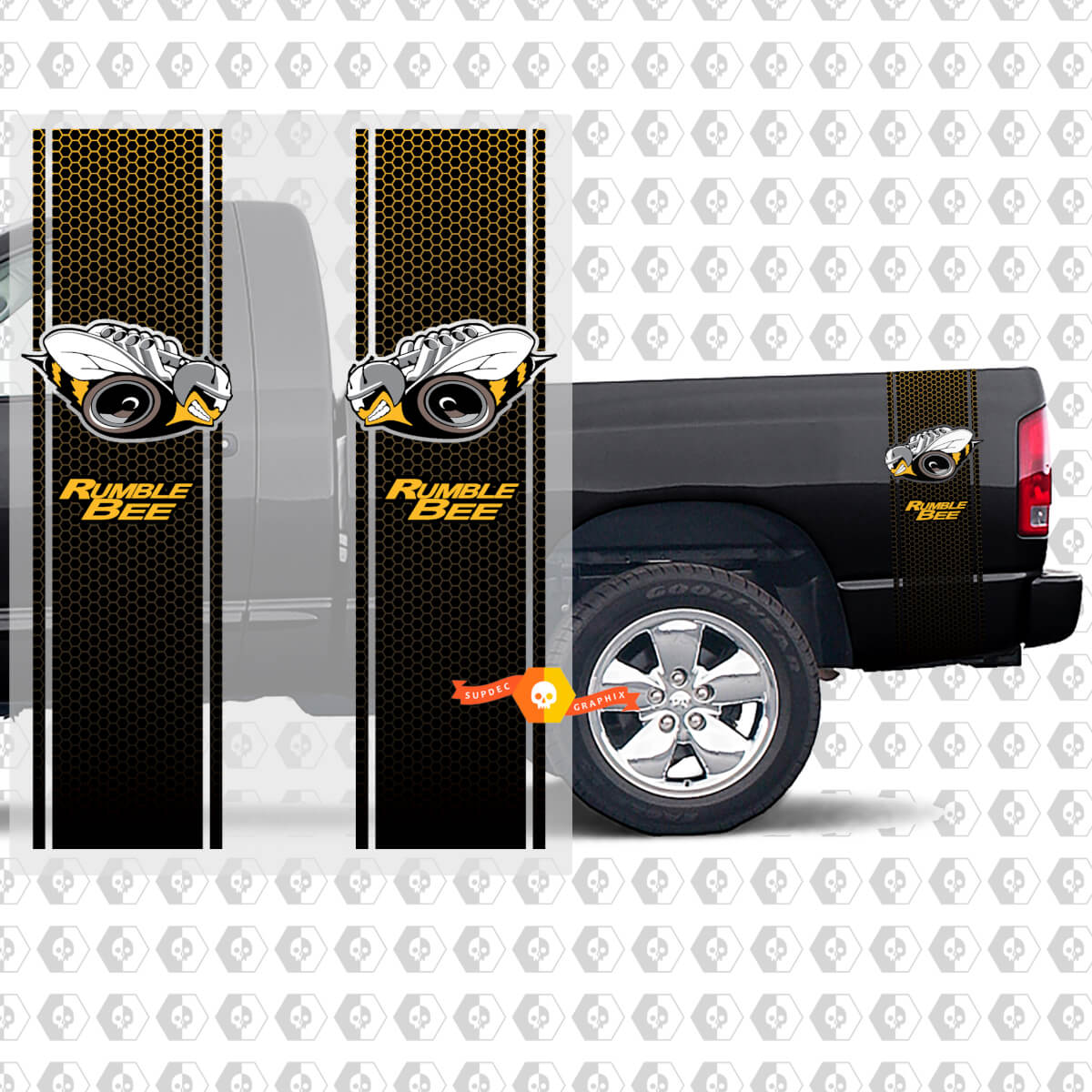 2x Dodge Ram Rumble Bee Black Stripes Yellow honeycombs Stickers Decals Pickup 1500