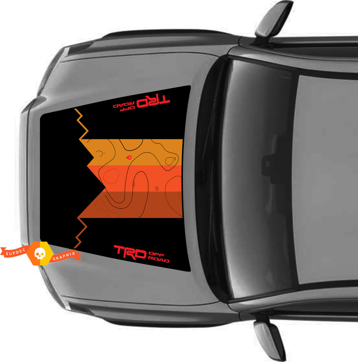 Hood TRD Off Road Mountains Topographic Map Hood Vintage Stripes Vinyl Stickers Decal fit to Toyota Tacoma 2016 - 2022 models Black