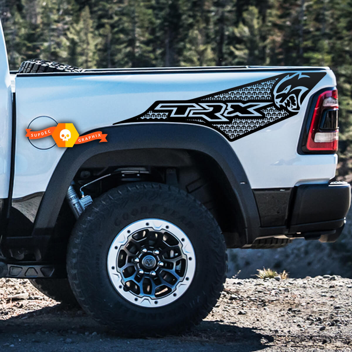 Pair Dodge Ram TRX Hellcat Нoneycombs 2021+ Splash Grunge Ram Head Logo Truck Vinyl Sticker Decal bed Graphic