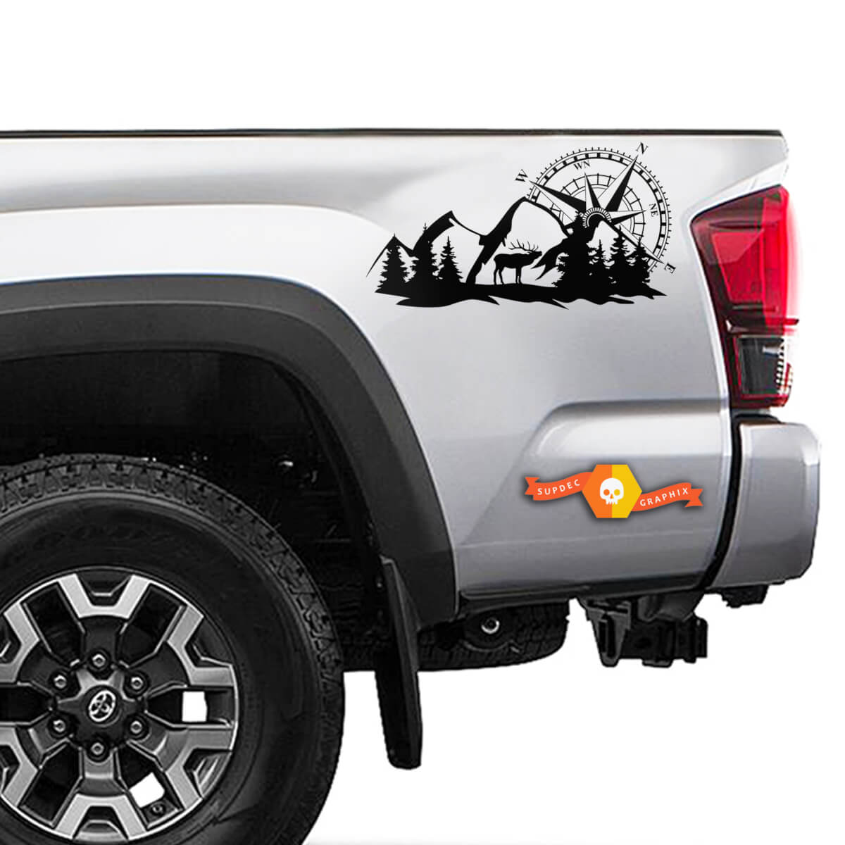Pair of Wild Compass Mountains Forest Bed Side Vinyl Stickers Decal Kit for any Toyota Truck 