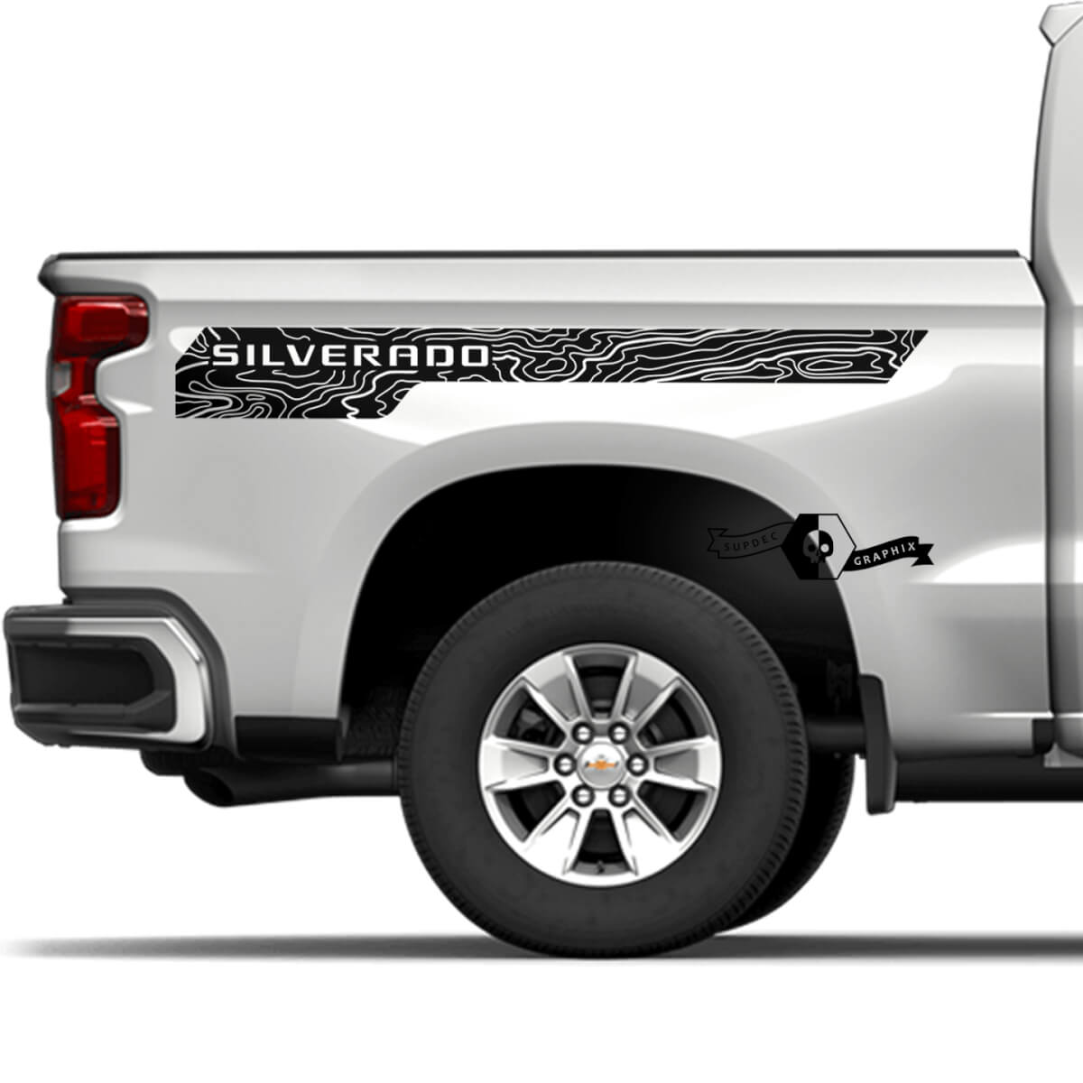 Pair Chevrolet Silverado 2022+ 2023 Topographic Map Side Bed Logo Stripe Vinyl Decal Sticker