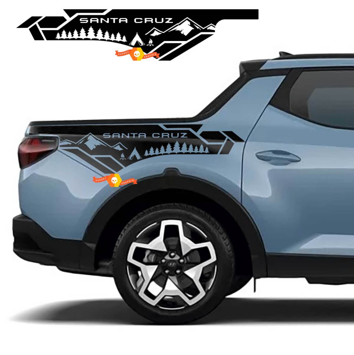 2x Mountains Trees Camper edition BedSide Side Vinyl Stickers Decal fit to Hyundai Santa Cruz