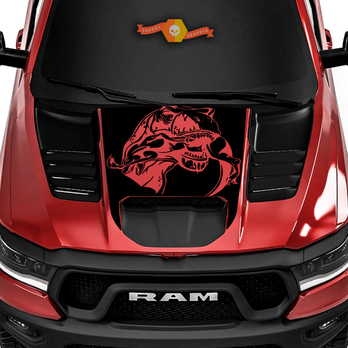 Dodge Ram Rebel 2022 2023 1500 TRX T-Rex Comiendo Capó Raptor T-Rex Pegatina Vinilo Calcomanía Gráfica de Camión
