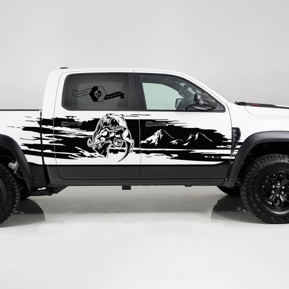 2x Dodge Ram TRX Rebel 2022 2023 1500 Side Splash Destroyed TRX Eating Raptor Mountains Truck Vinyl Sticker Decal Graphic