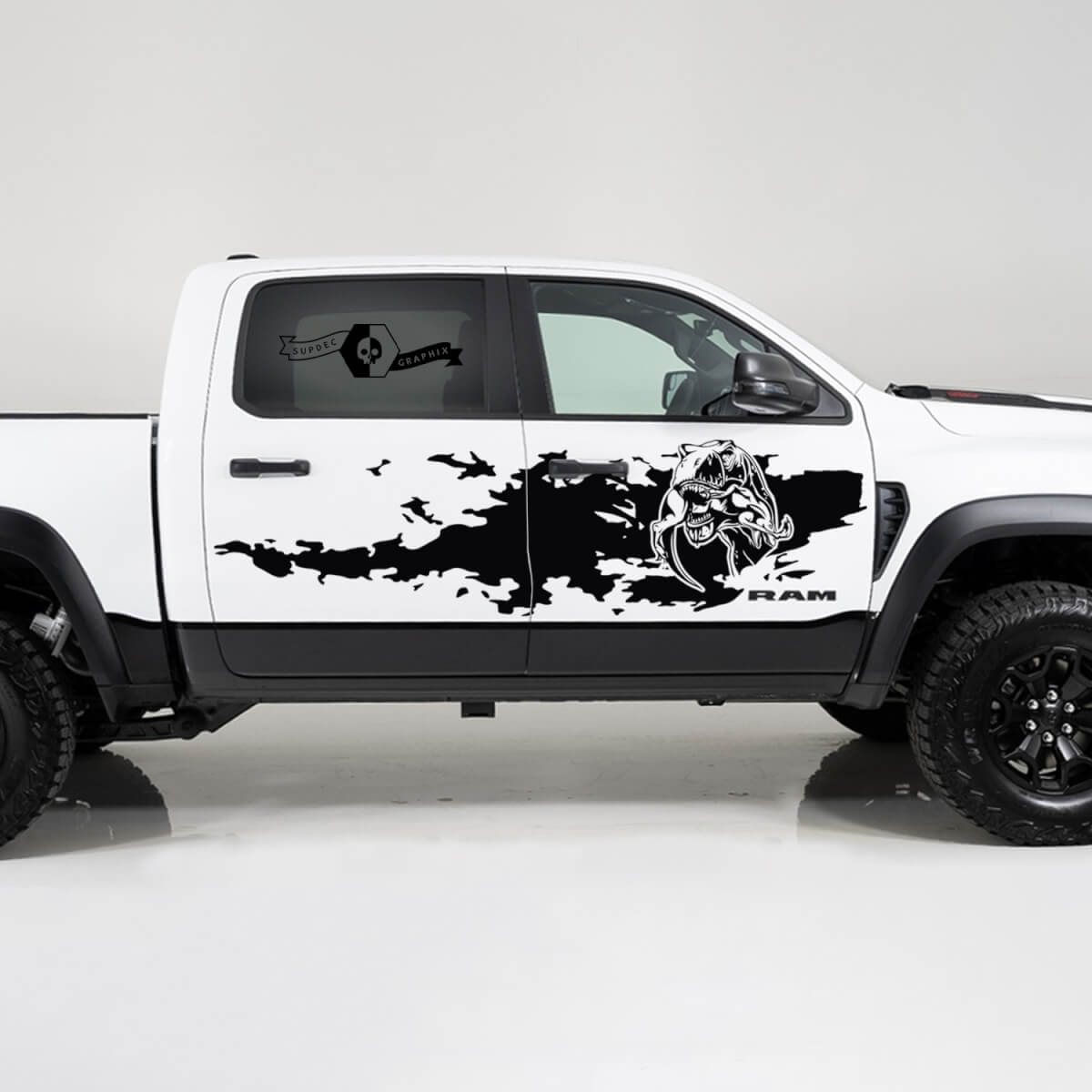 2x Dodge Ram TRX Rebel 2022 2023 1500 Side Destroyed TRX Eating Raptor Logo Truck Vinyl Sticker Decal Graphic