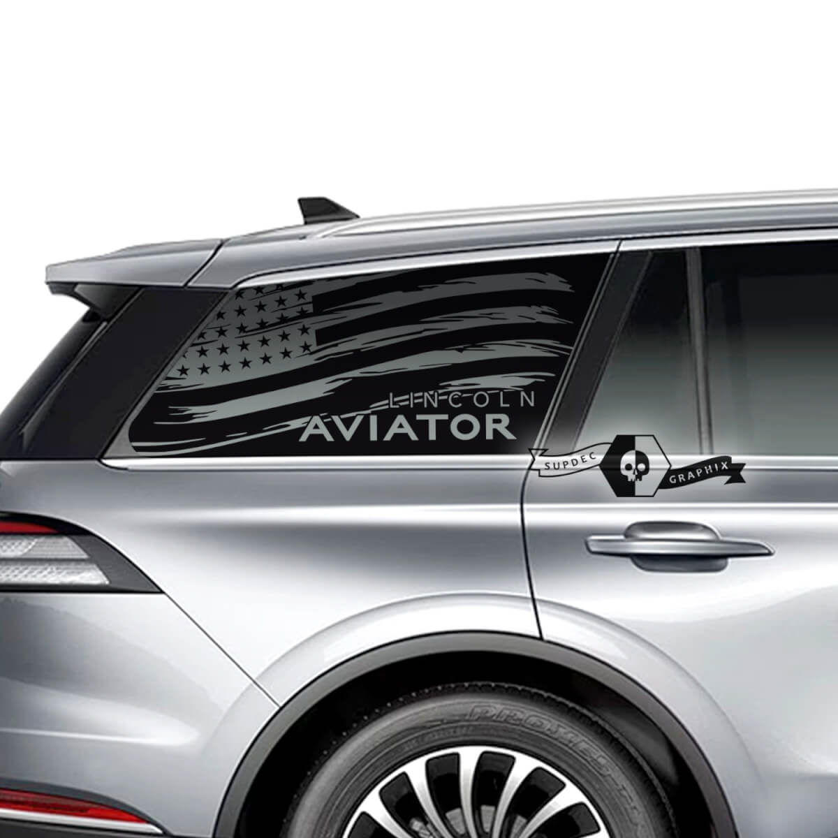 2 x Lincoln 2023 Aviator Window US Flag Destroyed Logo Aviator Vinyl Decals Graphics Sticker