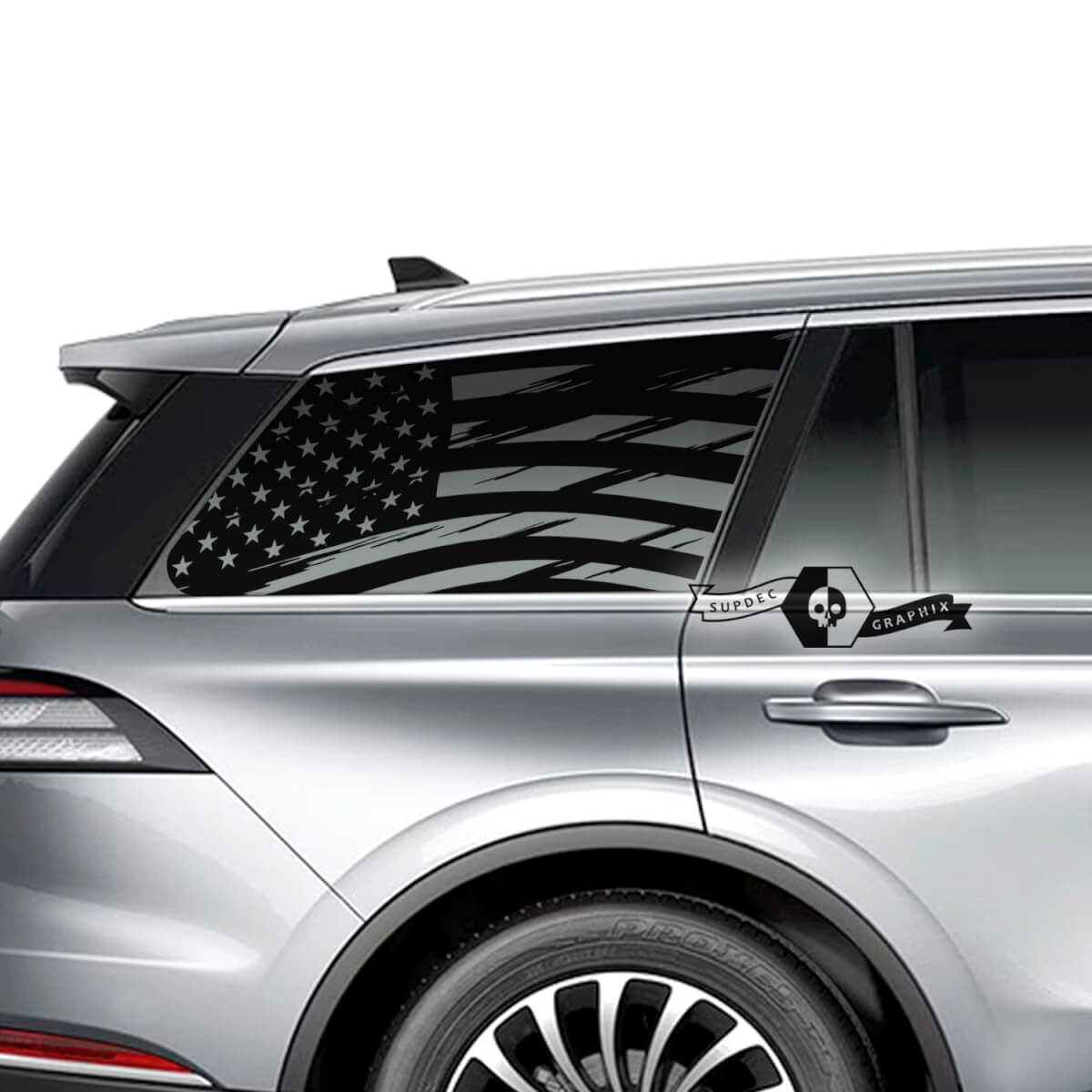 Pair Lincoln 2023 Aviator Window US Flag Destroyed Vinyl Decals Graphics Sticker
