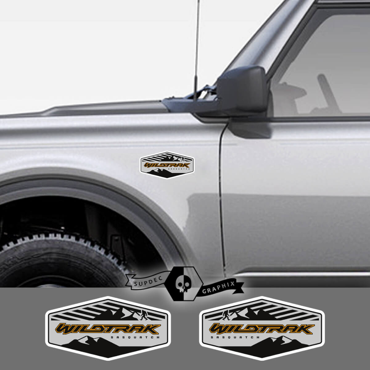2 ສິນອດ Ford Bronco WIldtrak Mountains Decal Vinyl Emblem Sasquatch Sticker Stripe ສໍ້າ Ford Bronco
