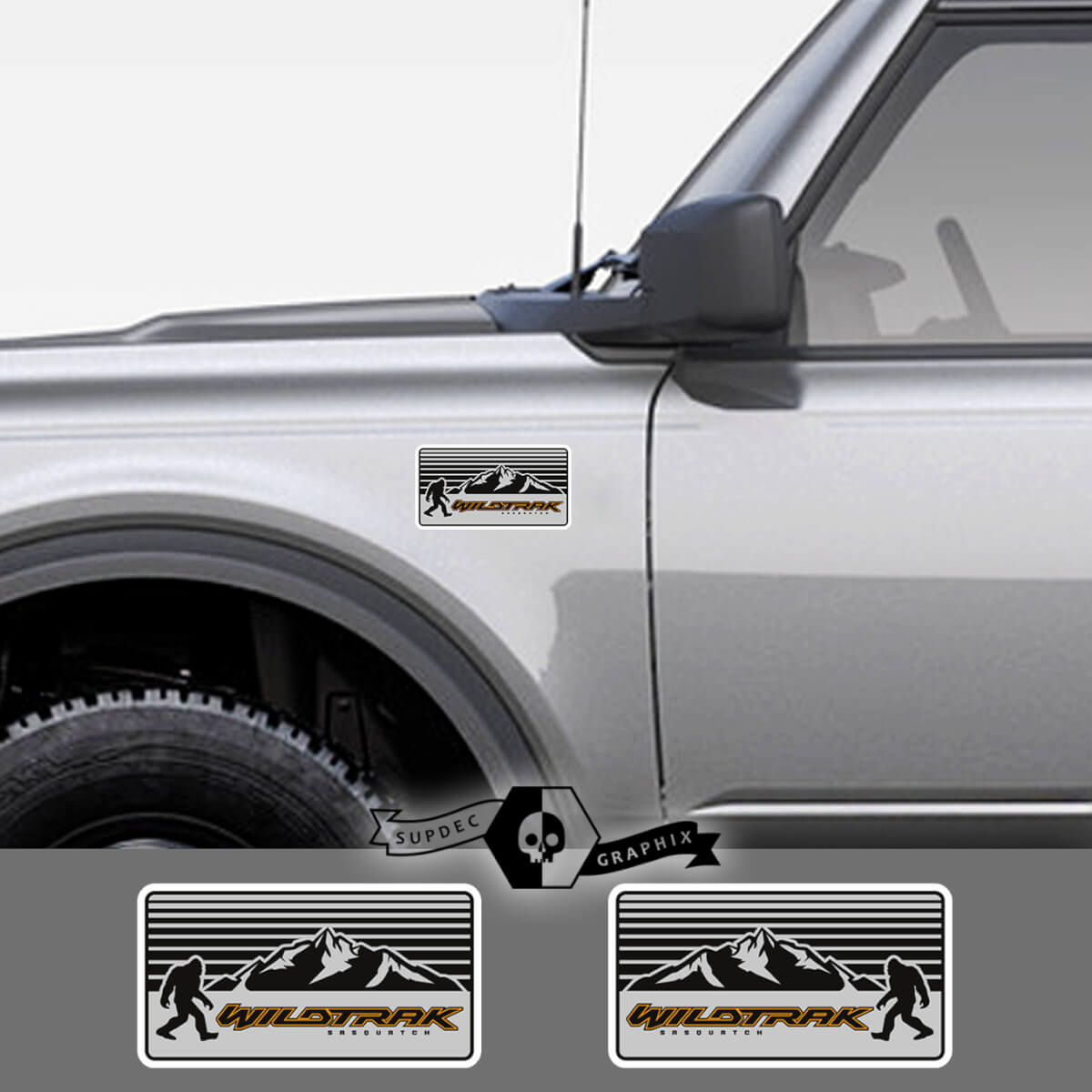2 Baru Ford Bronco WIldtrak Gunung Decal Vinyl Emblem Sasquatch Logo Abu-abu Stiker Garis untuk Ford Bronco

