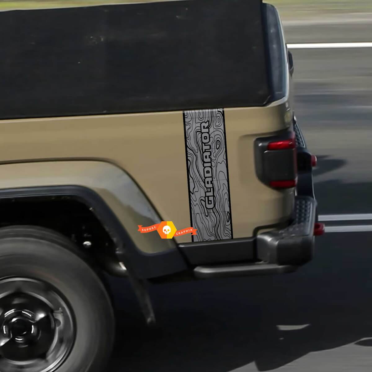 Jeep Gladiator Logo Topographic Map Rear Side Stripe Vinyl Graphics JT Rubicon Mojave