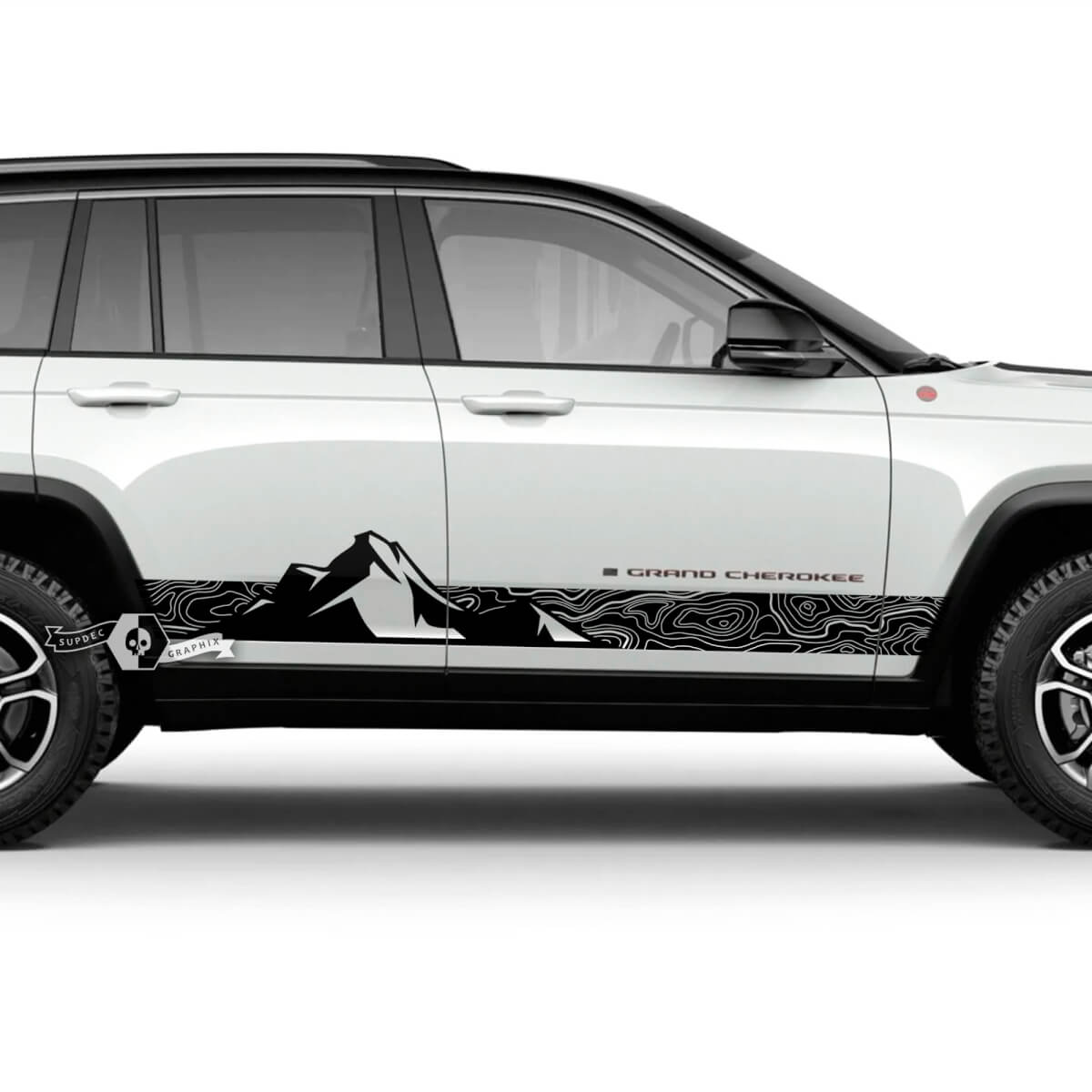 Pair Jeep Grand Cherokee SRT TrackHawk Side Rocker Panel Mountain Topographic Map Vinyl Sticker Decal Graphic