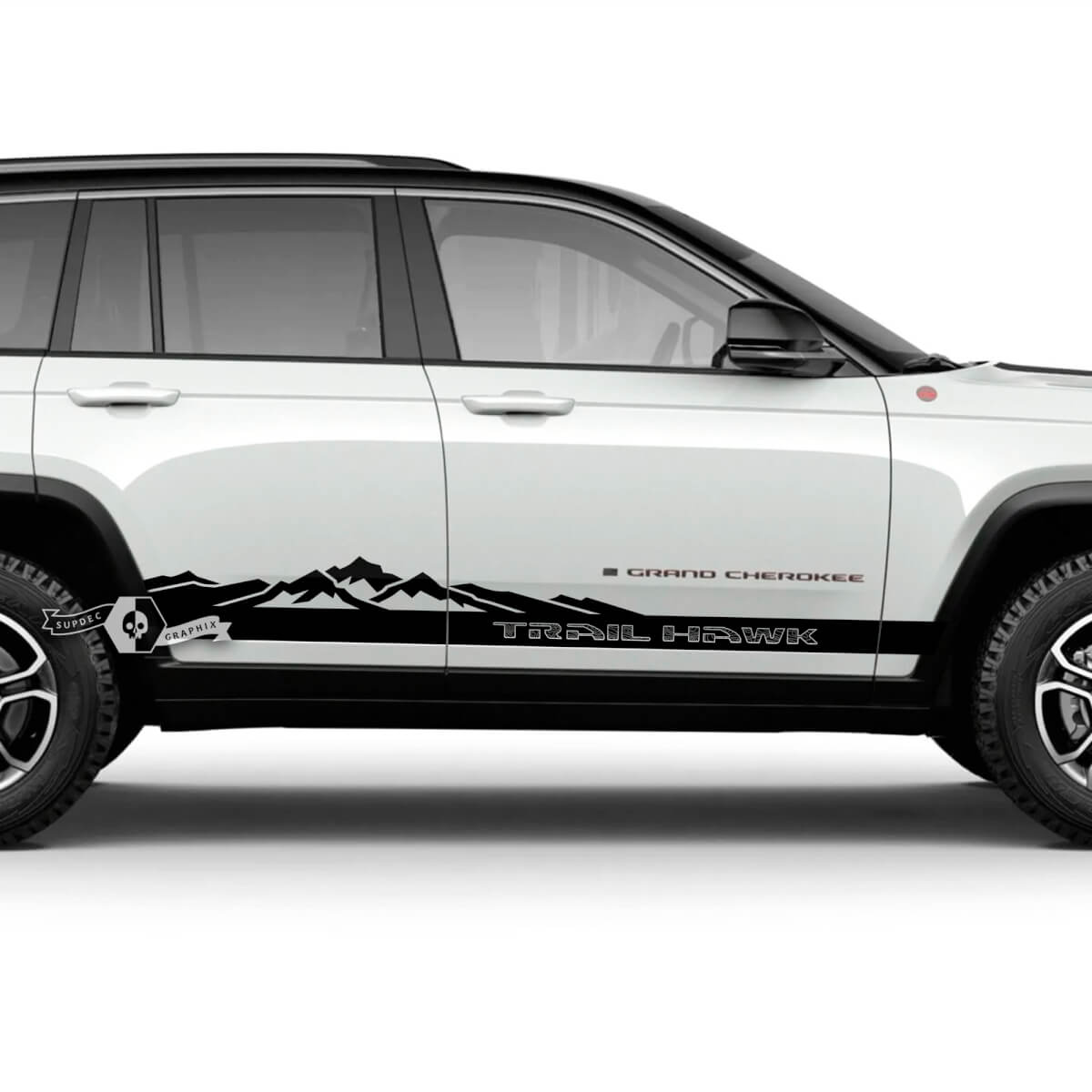 Pair Jeep Grand Cherokee SRT TrackHawk or Trailhawk Side Rocker Panel Mountain Topographic Map Logo Vinyl Sticker Decal Graphic