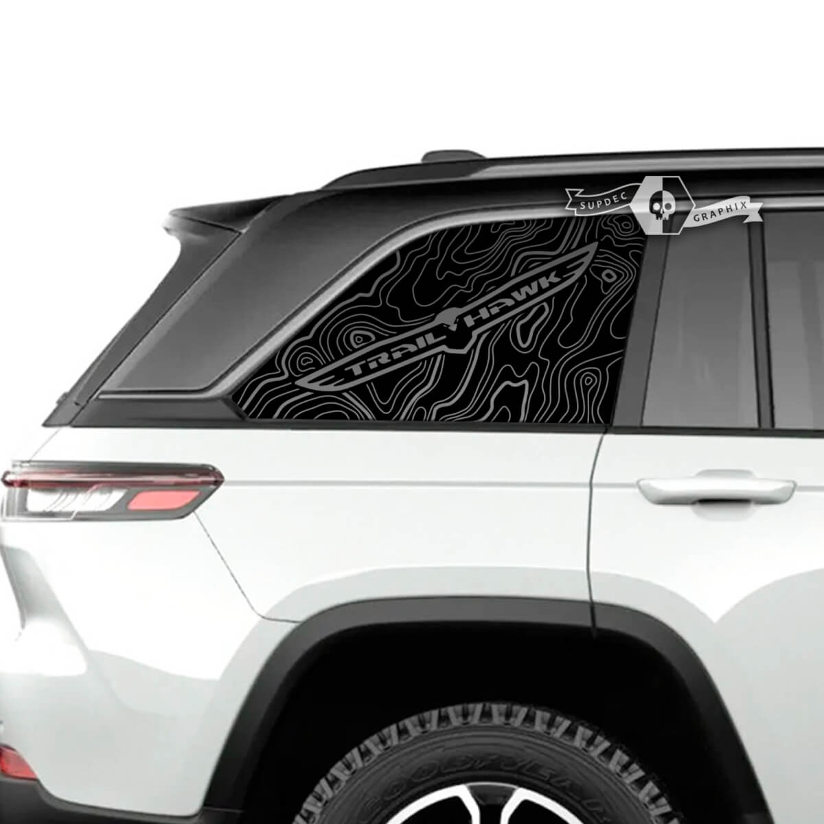 Pair 2023+ Jeep Grand Cherokee Trailhawk Windows Graphic Sticker Decal Blackout Topographic Map Blackout