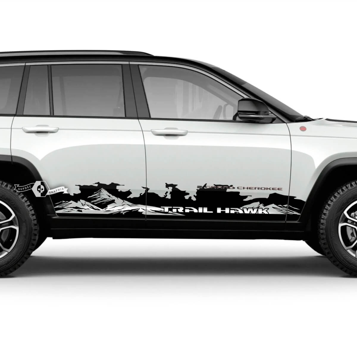 Pair 2023+ Jeep Grand Cherokee Trailhawk Doors Mountains Mud Rocker Panel Graphic Sticker Decal 