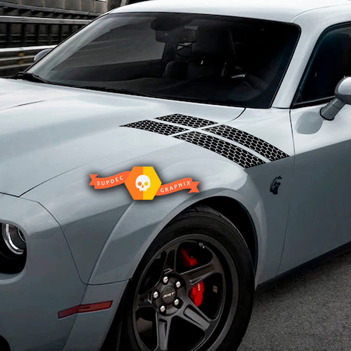 Pair Dodge Challenger Hood Fender Side Hash Marks Trim Honeycomb Racing Stripes Stickers Decals For 2015-2023