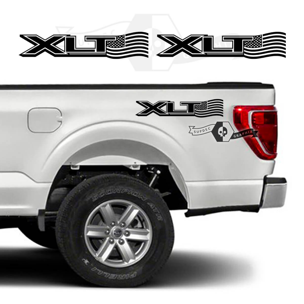 Pair Ford F-150 XLT USA Flag Bed Logo Graphics Side Decal Sticker
