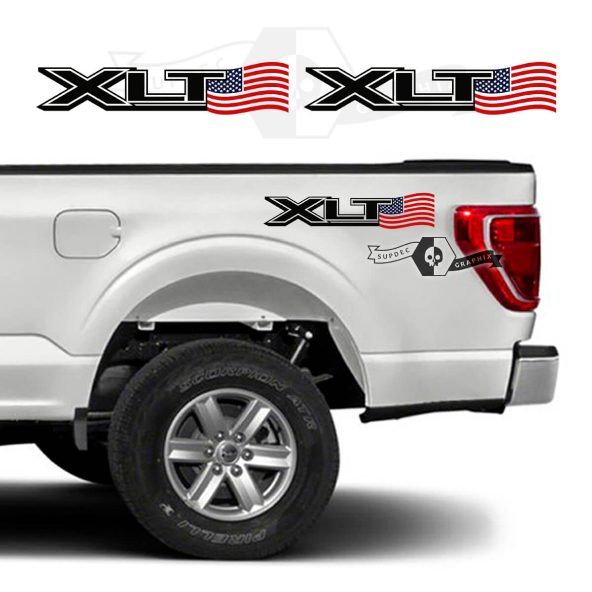 Pair Ford F-150 XLT Color USA Flag Bed Logo Graphics Side Decal Sticker
