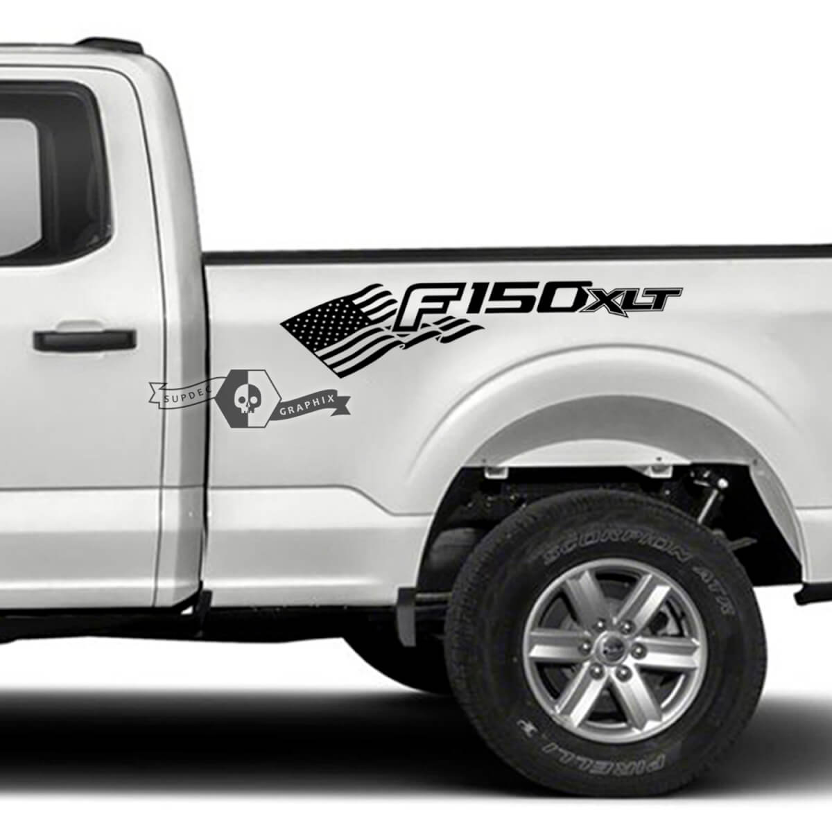 Pair Ford F-150 XLT USA Flag Bed Logo Fender Graphics Side Decal Sticker
