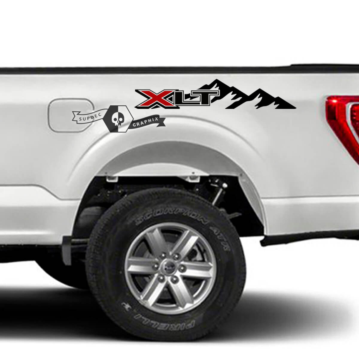 Pair Ford F-150 XLT USA Flag Bed Logo Mountains Fender Graphics Side Decal Sticker
