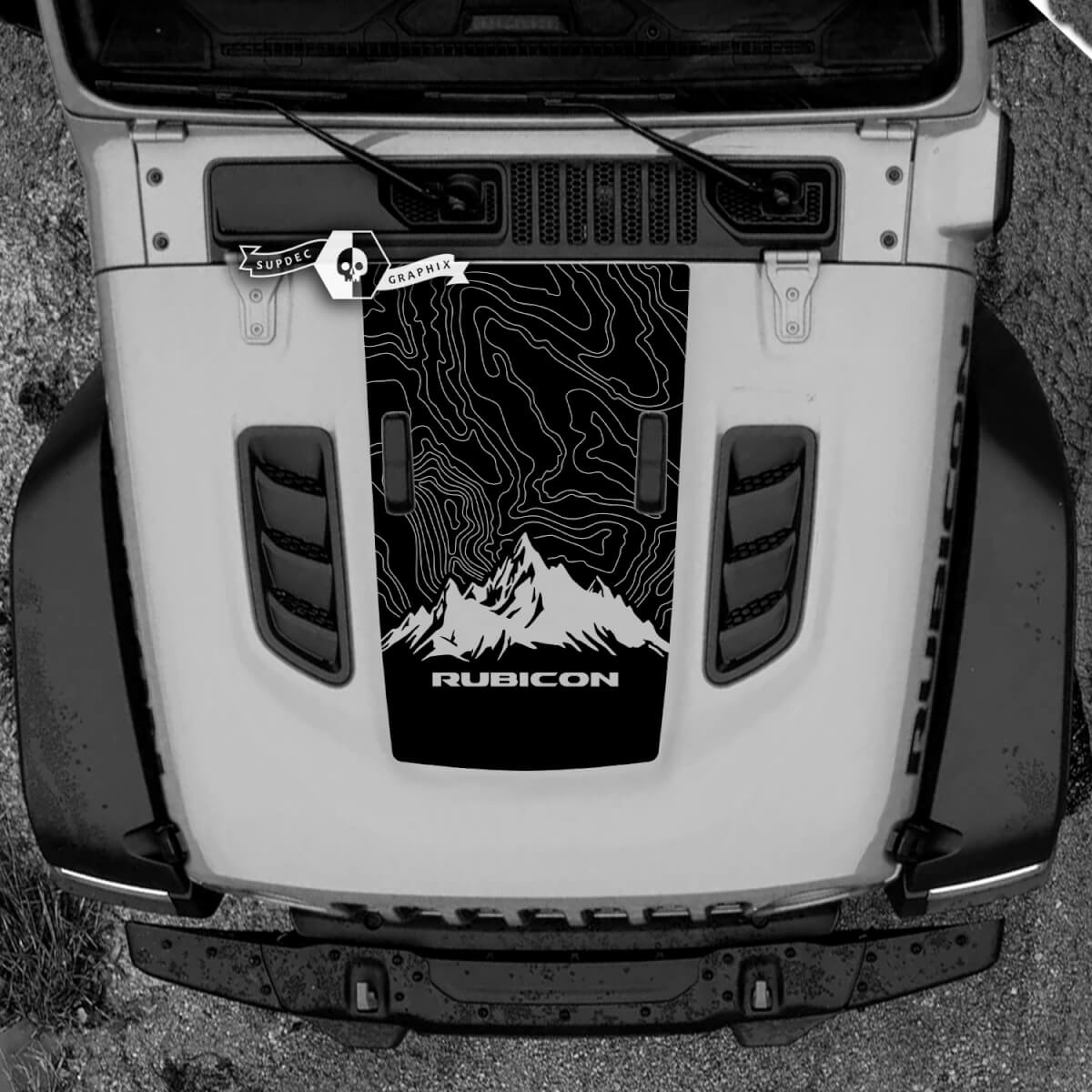 Hood Jeep RUBICON Wrangler JL Vinyl Topographic Map Mountains 2018 + Up Banner  Decal Sticker Graphics
