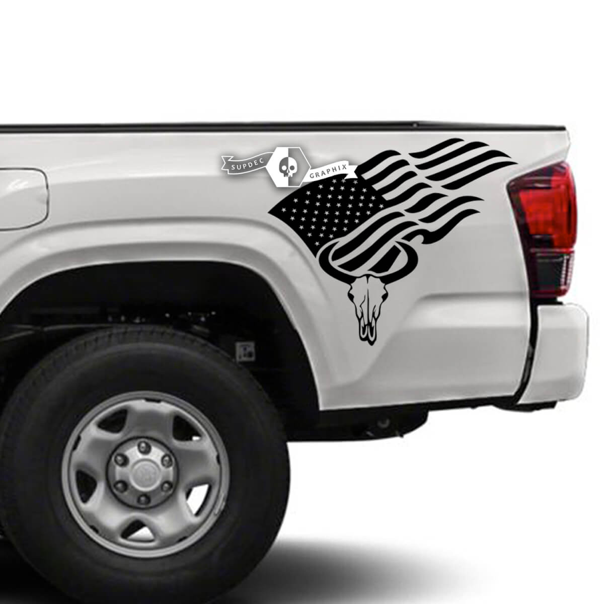 2x Toyota Tacoma SR5 Bed Side Skull Flag USA Vinyl Decals Graphic Sticker