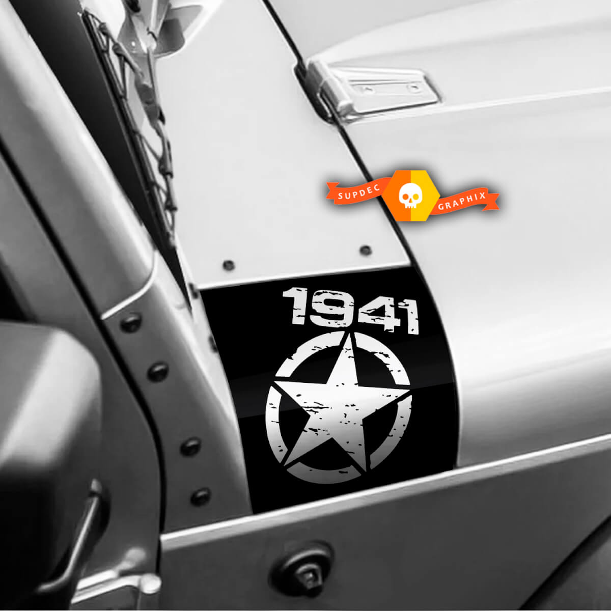 Pair Jeep 1941 Wrangler Distressed Star Black Ops Oscar Mike Hood Vinyl Stickers Full Set Decal
